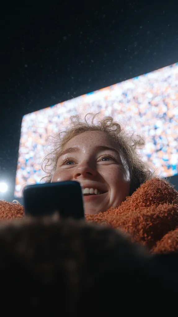 A young woman with curly hair smiles broadly while looking at her phone.  She's bundled in a fuzzy orange sweater, sitting outdoors at night beneath a large, brightly lit digital screen displaying a crowd of people.  Particles of dust or snow are visible in the air. The scene is warm and joyful.