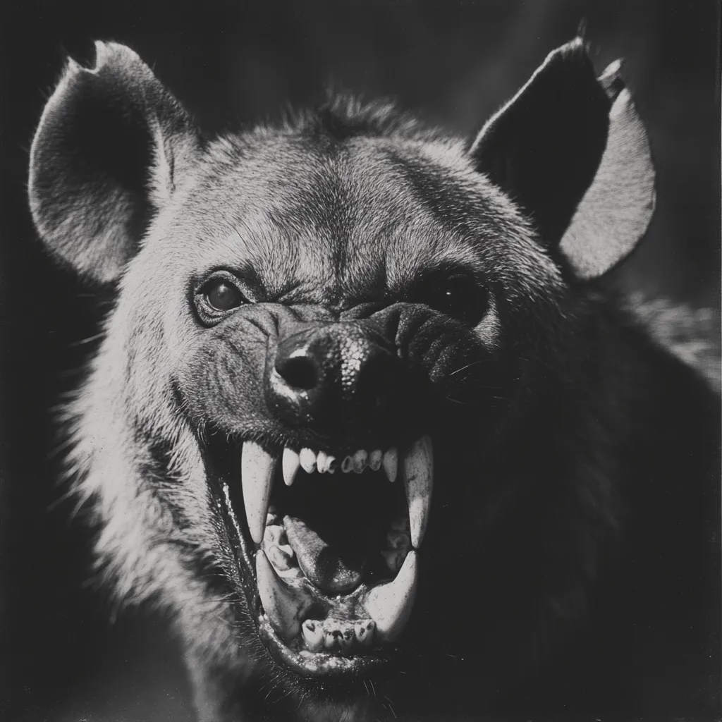 A striking black and white close-up captures a hyena's ferocious expression.  Its mouth is agape, revealing sharp teeth, and its eyes are narrowed in intensity. The image is dramatically lit, highlighting the animal's powerful features and conveying a sense of raw power and aggression. The dark background emphasizes the hyena, making it the undeniable focus of the photograph.