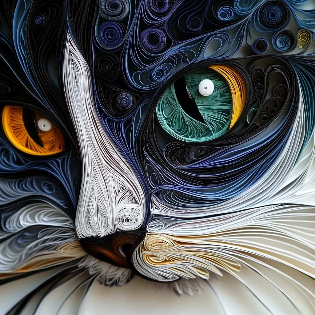 A detailed close-up of a paper quilling artwork depicting a cat's face.  The cat's eyes are strikingly realistic, one orange and the other teal, surrounded by intricately curled and layered paper in shades of blue, white, and orange.  The artist's skill is evident in the texture and depth created through the paper rolls, mimicking fur and creating a three-dimensional effect. The whiskers are delicately rendered, completing the captivating portrayal.