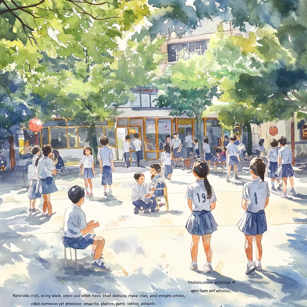 A watercolor painting depicts a sunny schoolyard scene.  Children in matching uniforms play games, some sitting, others running and engaging in activities.  Trees provide shade, and the school building is visible in the background. The style is loose and impressionistic, focusing on light and color, creating a tranquil and nostalgic atmosphere.  The overall mood is cheerful and carefree.