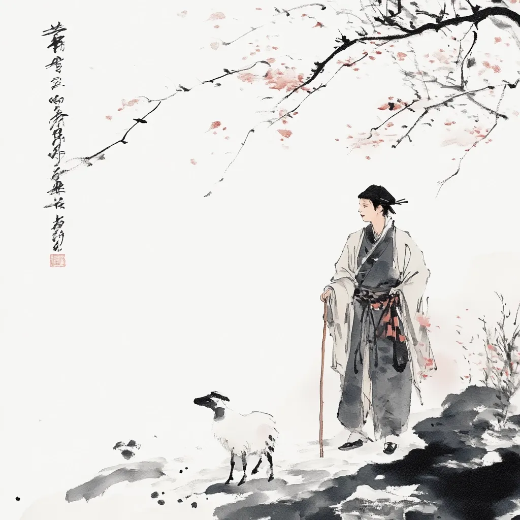 An elegant East Asian figure, clad in flowing robes and a cap, stands beneath a blossoming tree branch.  A staff rests in their hand, and a small sheep grazes nearby. The scene is rendered in a delicate, minimalist style characteristic of East Asian ink painting, emphasizing negative space and subtle brushstrokes.  The overall mood is serene and contemplative.