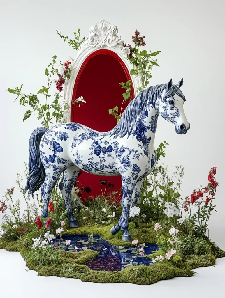 A porcelain horse, adorned with a blue and white floral pattern reminiscent of chinoiserie, stands majestically within a lush, flowering landscape.  It's positioned before an ornate, red-backed mirror framed in white, creating a dramatic contrast.  The scene is meticulously crafted, suggesting a carefully constructed artwork or installation.  Small pools of dark water reflect the horse, completing the idyllic tableau.