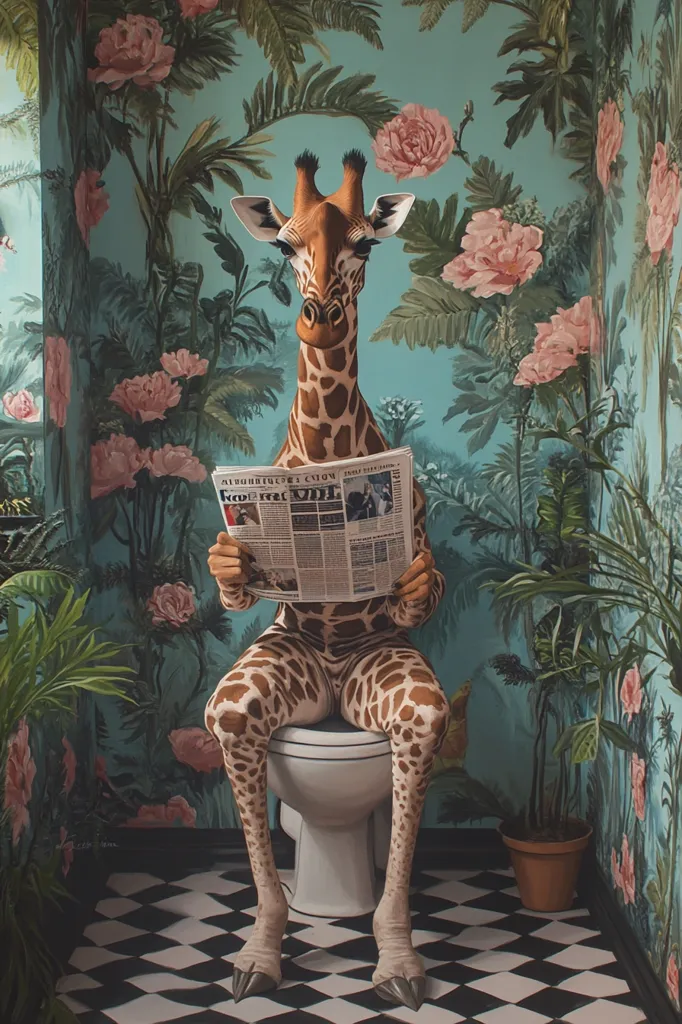 A giraffe in a giraffe-patterned bodysuit sits on a toilet in a bathroom with lush, tropical wallpaper.  The giraffe is reading a newspaper.  The floor is black and white checkered. The scene is surreal and humorous, contrasting the animal with the domestic setting.
