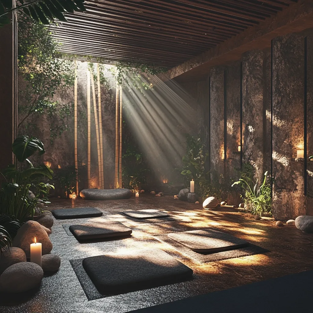 A serene indoor meditation space bathed in sunlight filtering through a skylight.  Dark gray stone walls are adorned with lush greenery and candles, creating a calming atmosphere.  Several dark gray meditation cushions are arranged on the floor, surrounding a central stone platform.  Bamboo stalks stand tall against the textured wall, enhancing the tranquil ambiance.  The overall mood is one of peace and serenity.