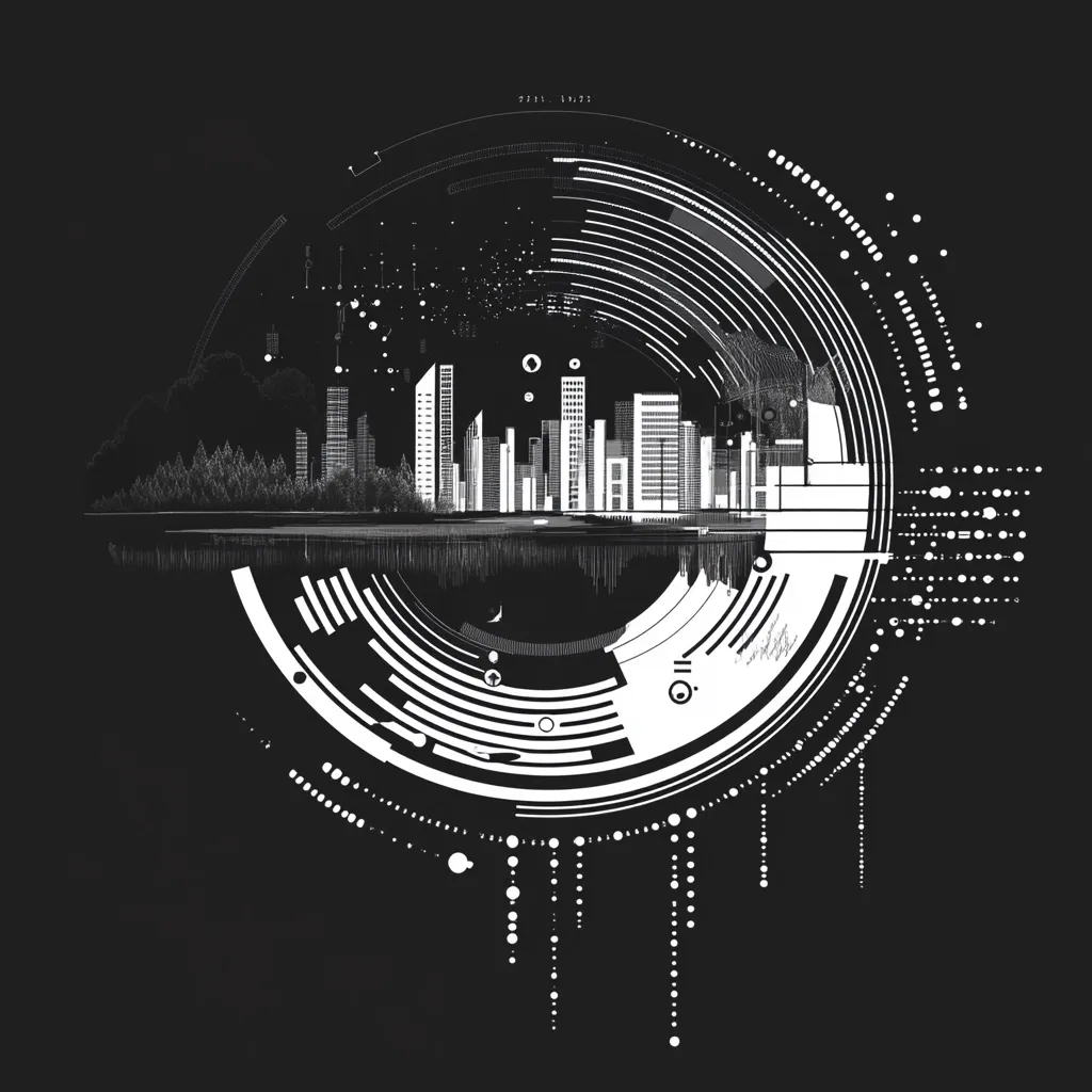 A stylized image depicts a city skyline nestled within a circular, technological framework.  The city is rendered in grayscale, with buildings varying in height.  The surrounding circle features concentric rings, data points, and graphical elements, suggesting a futuristic or technological context.  The overall effect is a blend of urban architecture and abstract digital design, implying themes of smart cities or technological advancement.
