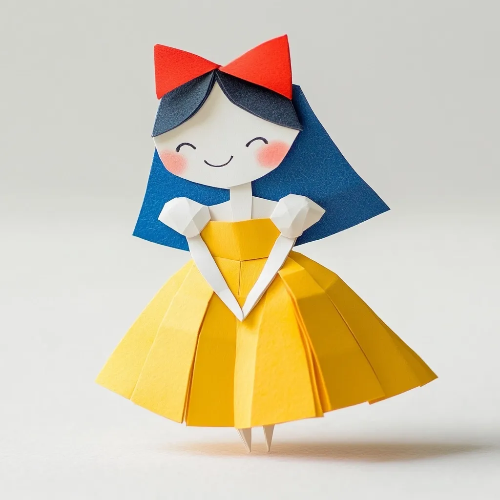 A charming papercraft Snow White figurine stands elegantly.  She's adorned in a yellow dress, a red bow, and blue hair, crafted with meticulous detail. The cheerful expression and pleated dress add to the whimsical charm of this intricate paper art.  The figurine's simple yet effective design highlights the artist's skill in creating a three-dimensional character from folded paper.