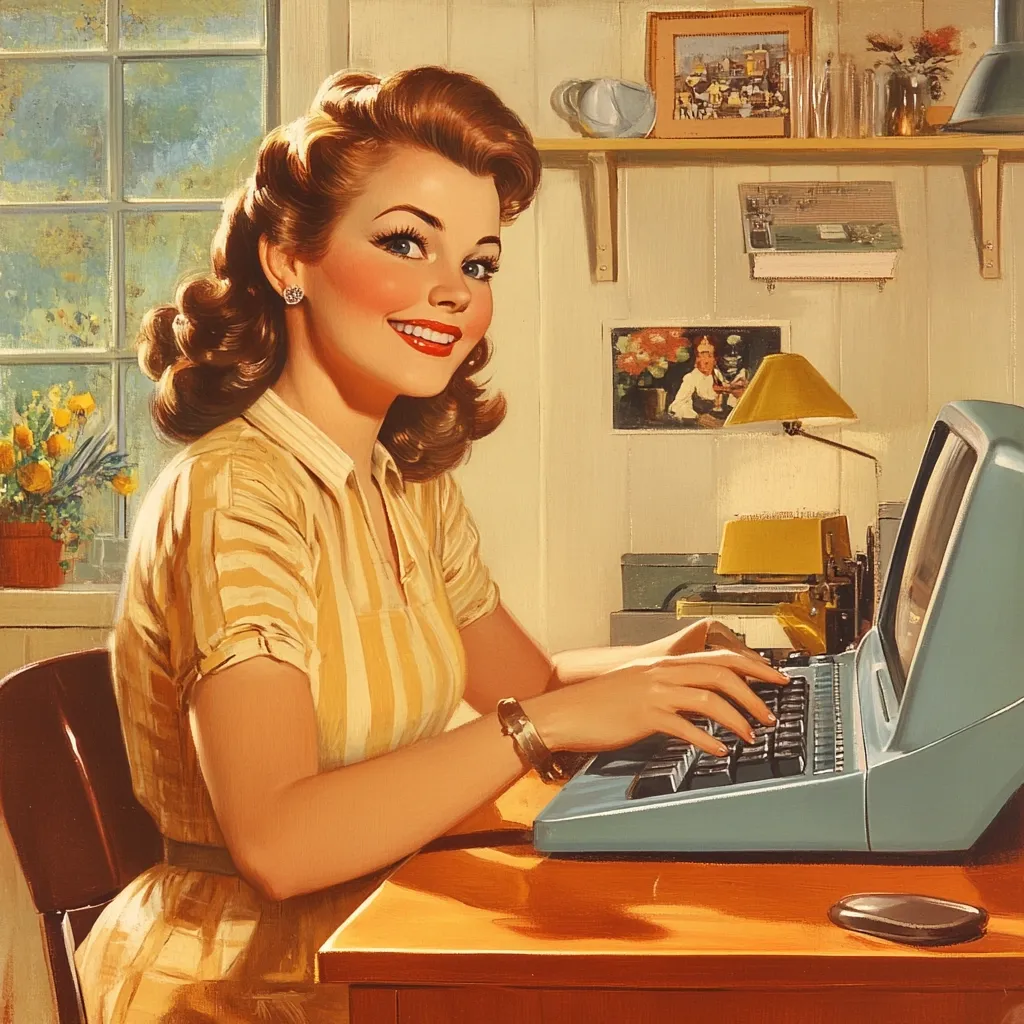 A retro-styled illustration depicts a smiling woman with 1950s hair, wearing a yellow striped dress, seated at a desk.  She's attentively typing on a vintage-looking typewriter, showcasing a cheerful and productive atmosphere.  The room features a window, a shelf with glassware, and framed pictures on the wall, contributing to a nostalgic setting.  The overall style evokes mid-century advertising art.