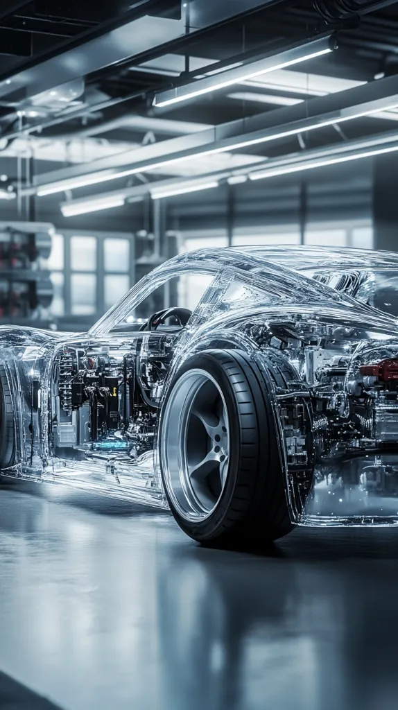 A transparent rendering of a sports car is showcased in a modern, clean garage.  The image reveals the intricate inner workings of the vehicle, including the engine and chassis, against a backdrop of sleek, industrial architecture with bright overhead lighting. The car's design is futuristic and detailed, highlighting its engineering. The reflective floor amplifies the overall aesthetic.