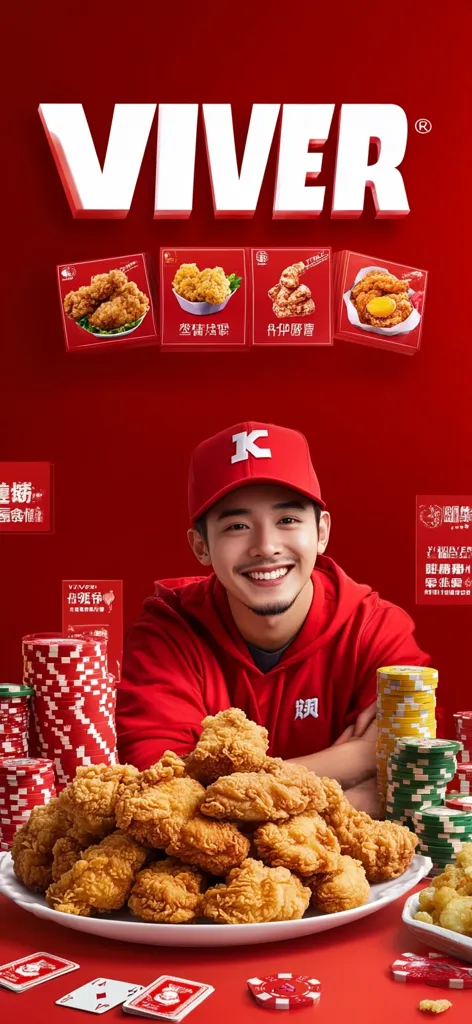 A vibrant advertisement for VIVER fried chicken features a young man in a red hoodie and cap, smiling broadly.  A large plate piled high with crispy fried chicken sits before him, flanked by stacks of poker chips.  Smaller images showcase various chicken options, emphasizing the variety offered. The overall theme is one of fun, excitement, and delicious food.