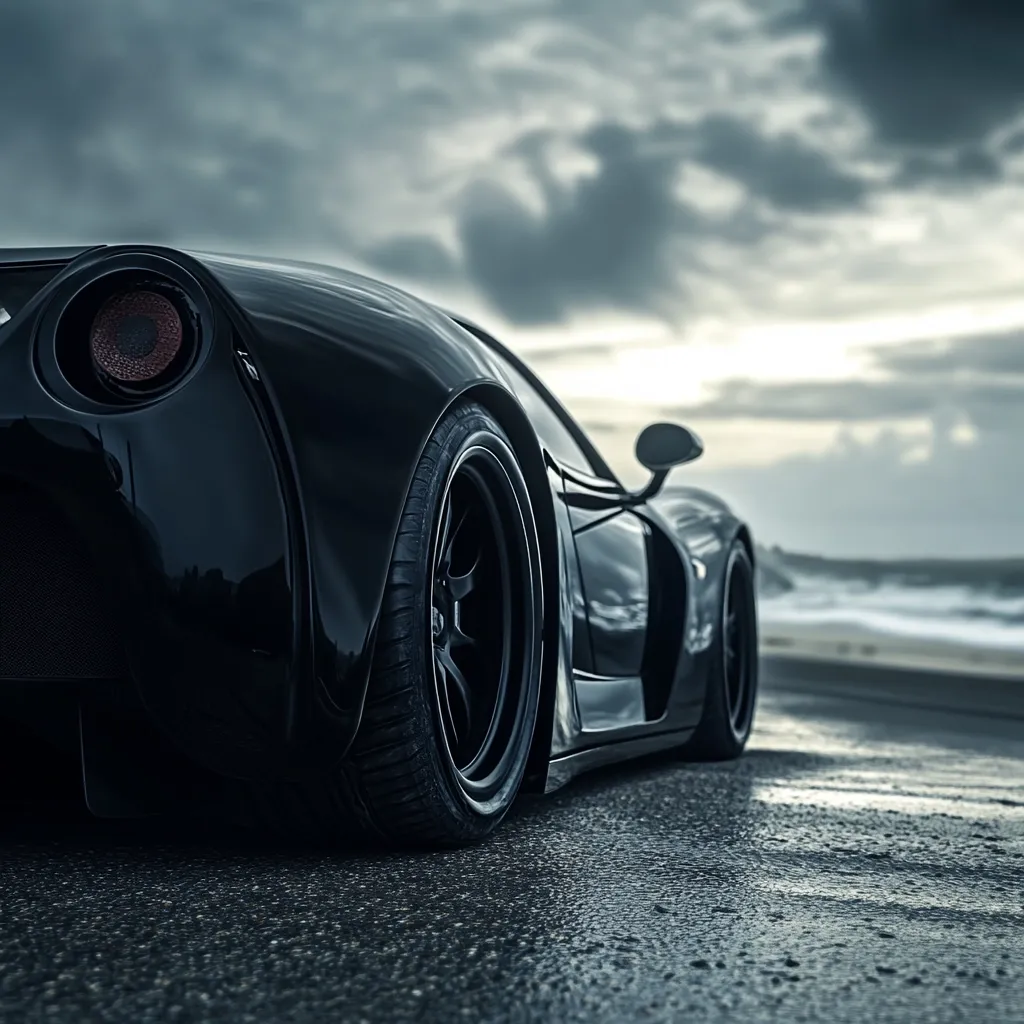 A sleek, black sports car is parked on a coastal road, the ocean visible in the background.  The dramatic, overcast sky adds to the car's powerful presence.  The image focuses on the rear of the vehicle, highlighting its muscular design and large, dark alloy wheels.  The wet asphalt reflects the gloomy atmosphere.
