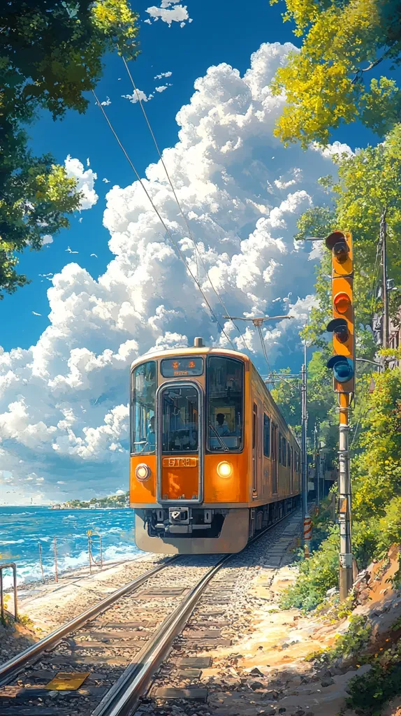 A vibrant illustration depicts a cheerful orange train traversing railway tracks beside a tranquil ocean under a bright, sunny sky filled with fluffy white clouds. Lush green trees frame the scene, and a traffic signal stands near the tracks. The overall style is reminiscent of anime or manga artwork, showcasing a serene and picturesque coastal setting.
