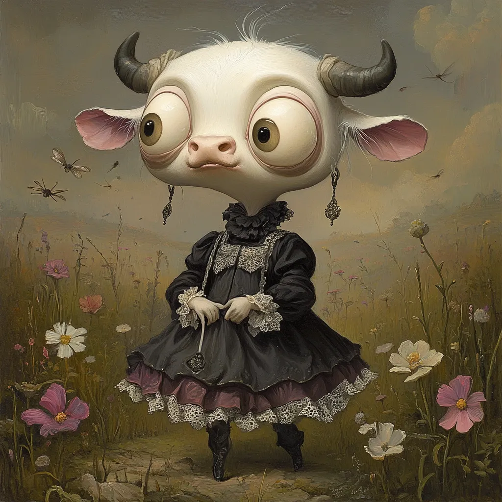 A whimsical painting depicts a calf-like creature, with oversized eyes and small horns, dressed in a dark Victorian-style dress.  The creature stands in a field of wildflowers, its expression serene yet slightly unnerving.  Insects flit around it, adding to the surreal and slightly melancholic atmosphere. The painting's style is reminiscent of dark fantasy or gothic art.