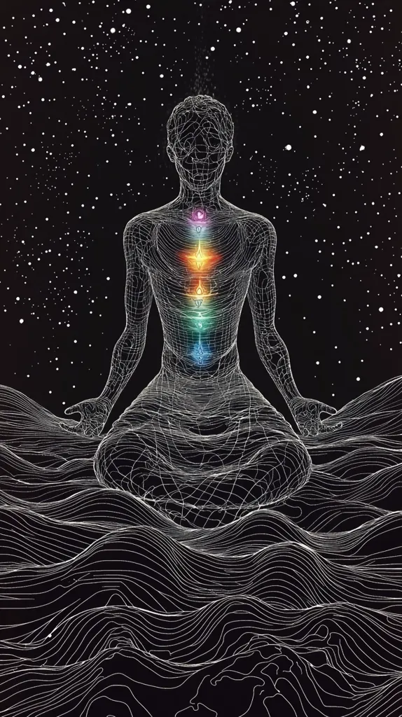 A wireframe human figure sits in a meditative pose atop undulating lines, representing a landscape or energy field.  Seven glowing chakras align along the spine, radiating vibrant colors. The background is a dark, star-studded night sky, suggesting a connection between the inner self and the cosmos. The image evokes themes of spirituality, energy flow, and cosmic harmony.