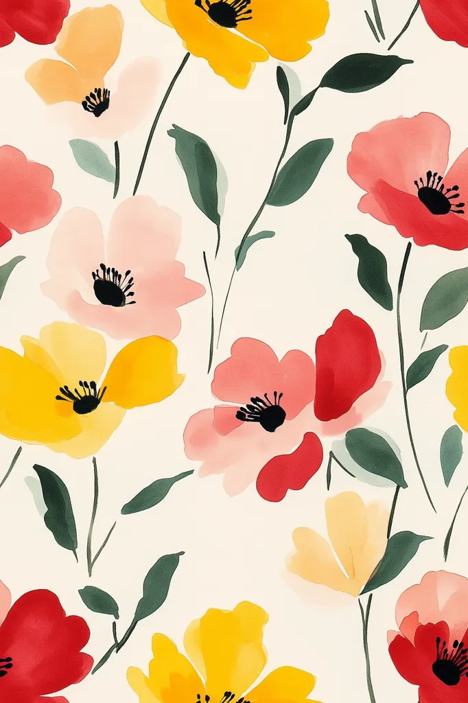 A watercolor floral pattern features a seamless design of stylized poppies in shades of red, pink, orange, and yellow.  The flowers are loosely painted, with visible brushstrokes, against a creamy off-white background.  Simple green stems and leaves create a delicate, flowing composition. The overall effect is cheerful and vibrant, suitable for fabric or wallpaper.