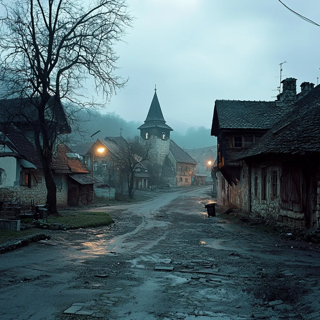 A misty, twilight scene unfolds in a quaint village.  Stone buildings with dark, slate roofs line a wet, uneven road. A tall, pointed church steeple dominates the background.  Bare trees and dim streetlights cast long shadows, enhancing the somber atmosphere.  The overall mood is serene yet slightly melancholic, suggesting a quiet, perhaps forgotten place.