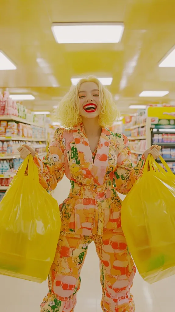 A woman with bright yellow hair, wearing a vibrant orange and pink patterned jumpsuit, smiles broadly as she carries two large yellow plastic shopping bags in a brightly lit supermarket. The overall scene is saturated with yellow tones, creating a cheerful and playful atmosphere.  Her red lipstick contrasts against her outfit.