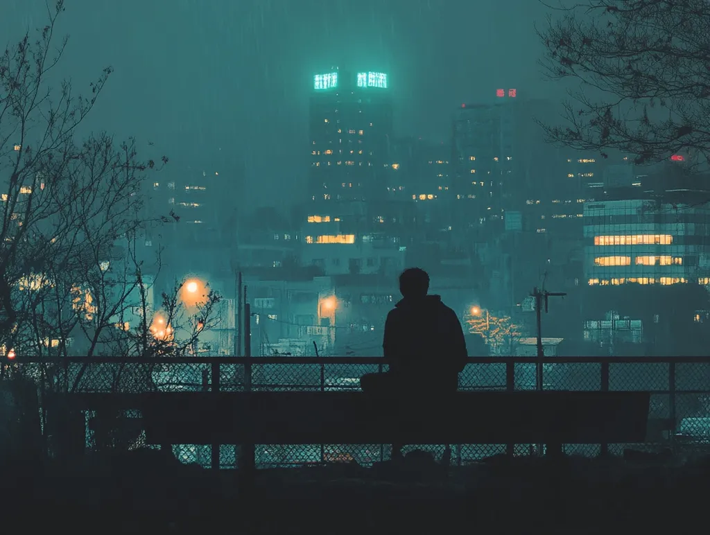 A lone figure sits silhouetted on a bench, overlooking a rain-swept cityscape at night.  The city's lights twinkle faintly through the misty atmosphere, creating a melancholic, almost cyberpunk-esque ambiance.  Bare trees frame the scene, adding to the overall feeling of solitude and quiet contemplation.  The teal-toned lighting casts a dramatic glow on the urban landscape.
