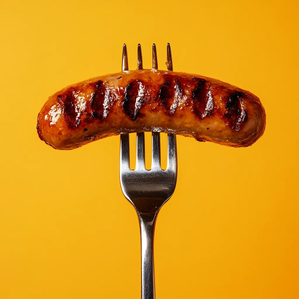 A single grilled sausage, glistening with fat, is delicately balanced on a silver fork against a vibrant yellow backdrop. The sausage shows grill marks, indicating it has been cooked on a barbeque or grill pan.  The image is a close-up, highlighting the texture and color of the cooked meat. The overall aesthetic is simple and appetizing.