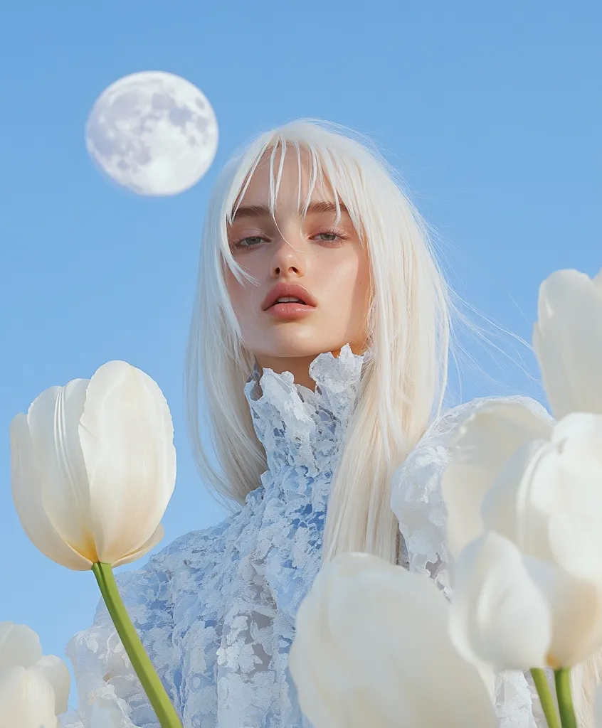 A young woman with long, platinum blonde hair wears a light blue lace blouse.  She is surrounded by white tulips, creating a soft, ethereal aesthetic.  A full moon hangs in the clear blue sky above. The overall image evokes a dreamy, romantic feeling.