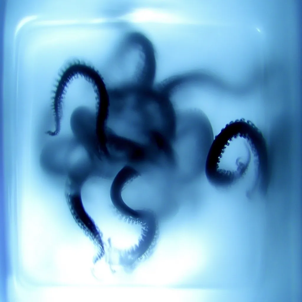 A close-up shot reveals several dark, segmented creatures, possibly annelids or similar organisms, submerged in a clear, light blue liquid within a translucent container.  Their bodies are curled and intertwined, creating a complex pattern against the bright background. The image has a slightly blurred, ethereal quality.