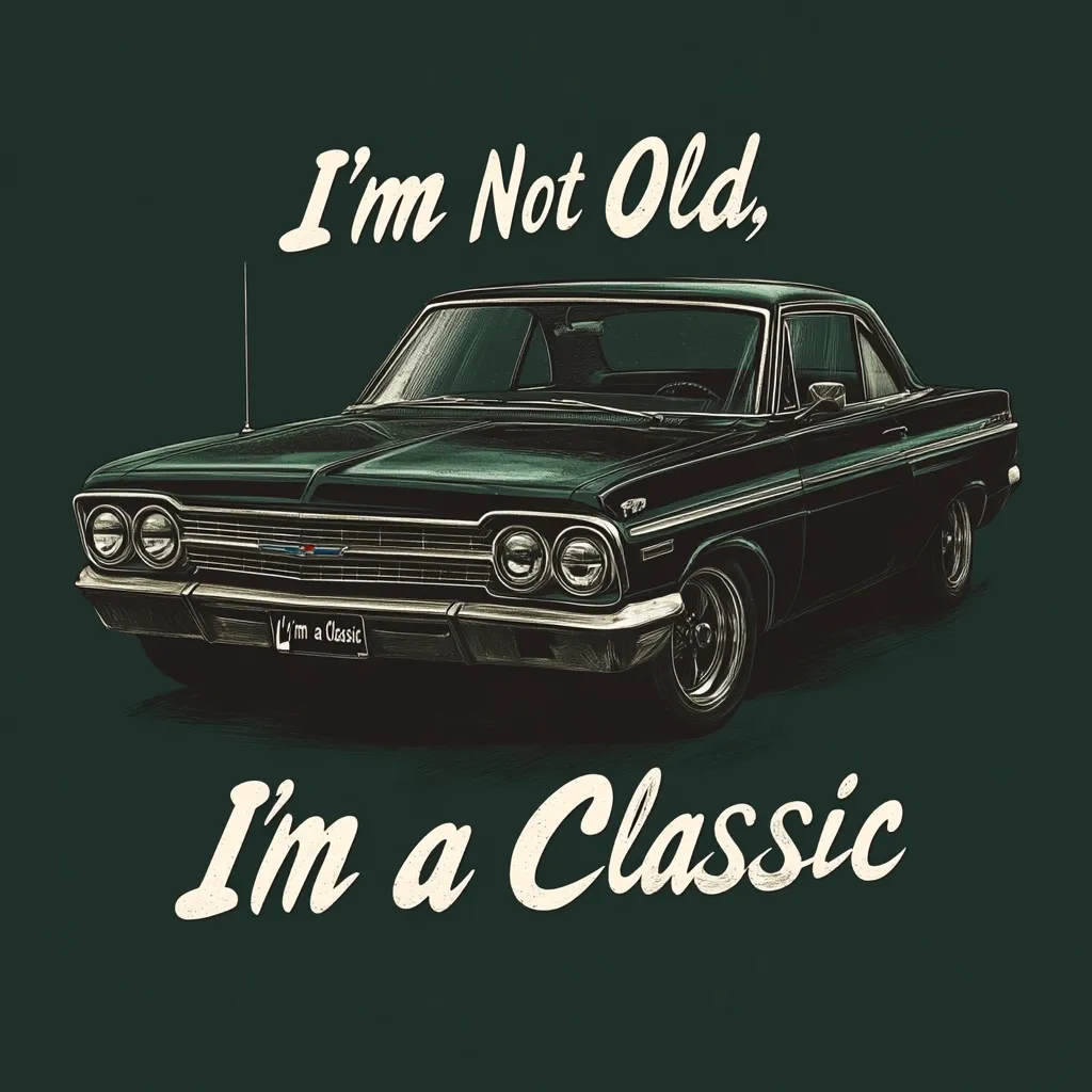 A dark green classic car, possibly a 1960s model, is depicted against a dark teal background.  The illustration is styled with a vintage feel.  Text overlayed on the image reads "I'm Not Old, I'm a Classic," conveying a message of timeless appeal and enduring style. The car's license plate humorously reads "I'm a Classic".