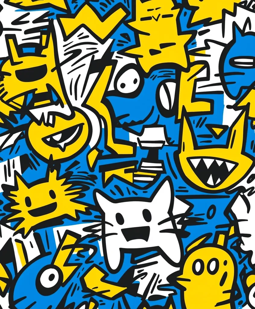 A vibrant, chaotic collage of cartoon characters and abstract shapes.  Predominantly blue and yellow, the style is reminiscent of graffiti or doodle art.  Various whimsical creatures, including cats and monsters, are densely packed together, creating a busy and energetic visual.  Bold outlines and simple forms define each element within the composition.