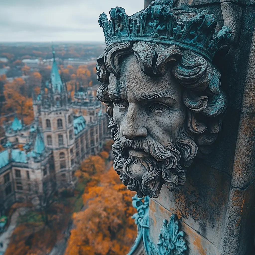 A close-up view of a weathered stone carving of a crowned, bearded man's head, situated atop a building.  The intricate details of the sculpture contrast with a blurred background showcasing a sprawling castle nestled amongst autumnal foliage. The overall scene evokes a sense of history and grandeur.
