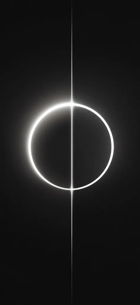 A minimalist image features a bright white circle bisected by a vertical line against a stark black background.  The circle's luminescence suggests a light source, creating a striking contrast. The overall effect is clean, modern, and geometrically simple.  The vertical line adds a sense of symmetry and division.