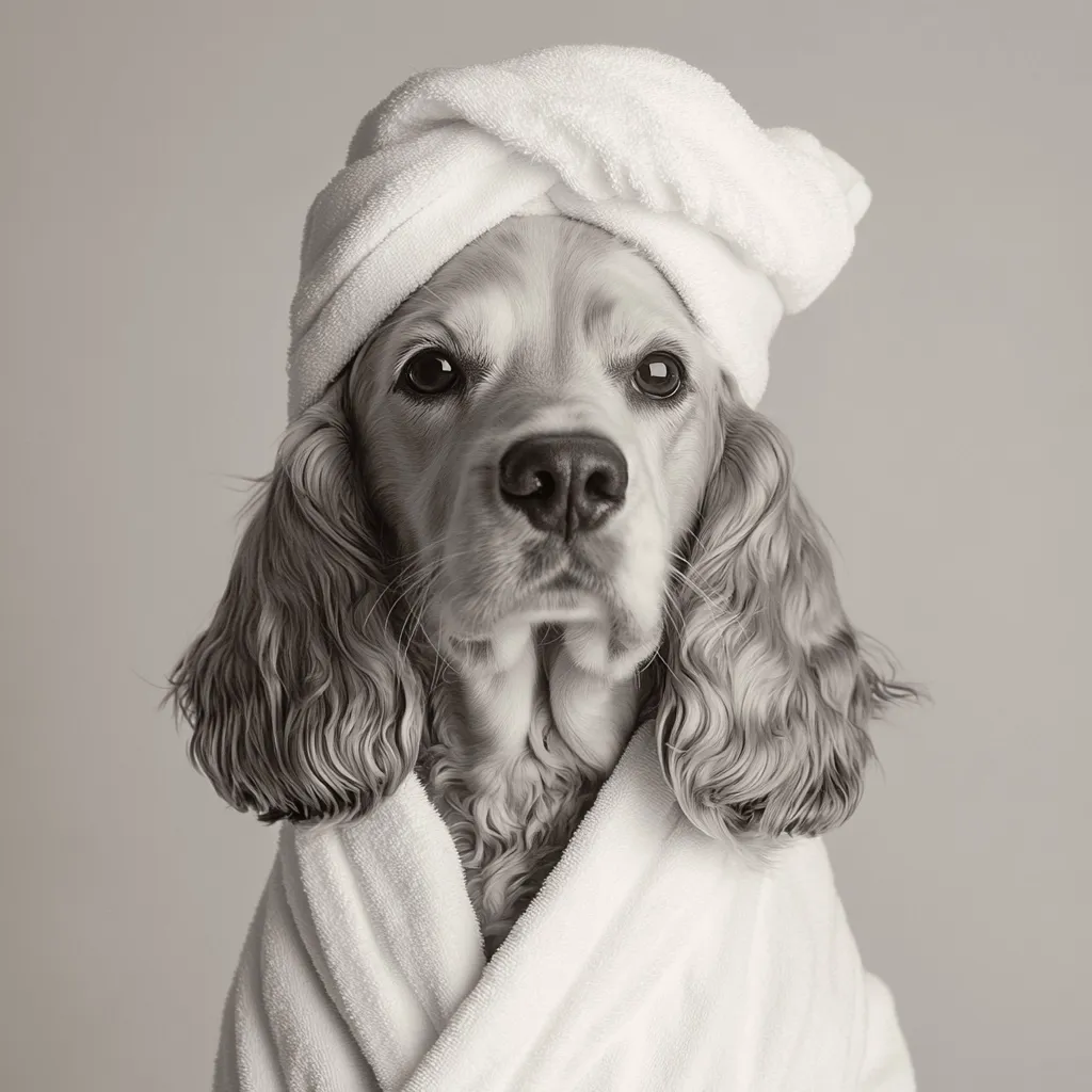 A black and white image of a Cocker Spaniel dog pampered in a white bathrobe and towel turban.  The dog's expression is serene and slightly amused.  The overall mood is one of cleanliness, relaxation, and canine spa treatment.  The image is well-lit and the background is a neutral gray.