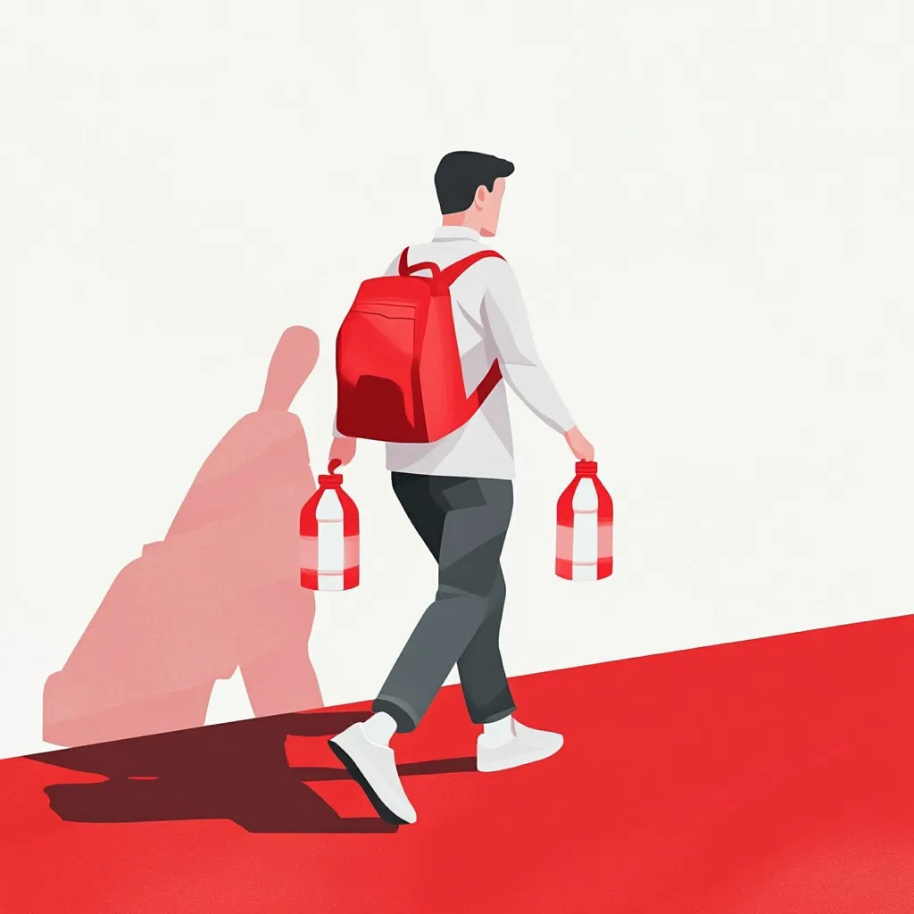 A stylized illustration depicts a person walking away from the viewer, carrying a red backpack and two red-and-white bottles.  The figure's shadow is cast prominently on a red surface, creating a strong contrast against the white background.  The style is minimalist and graphic, emphasizing bold colors and simple forms.