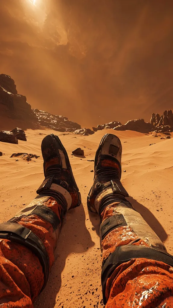 A first-person view of an astronaut's legs in a soiled orange spacesuit, resting on the Martian surface.  The rusty red sand stretches towards a hazy, sun-drenched sky.  Rocky outcrops dot the desolate landscape under a dusty, orange atmosphere. The scene evokes a sense of solitude and the harsh beauty of Mars.
