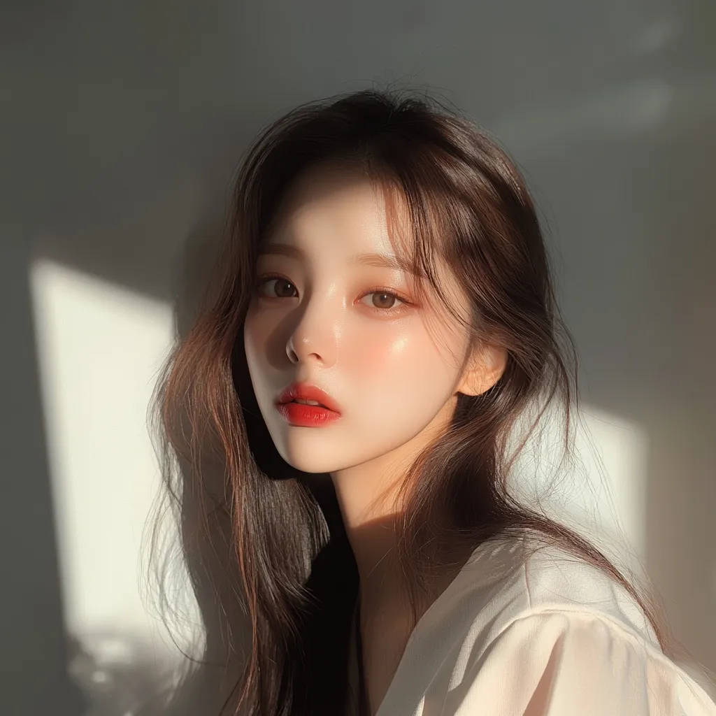 A young woman with long brown hair looks directly at the camera.  She has soft, natural makeup with a touch of blush and red lipstick.  Sunlight casts shadows across her face and shoulder, highlighting her features. She's wearing a simple, light-colored blouse. The overall aesthetic is soft, elegant, and subtly glamorous.