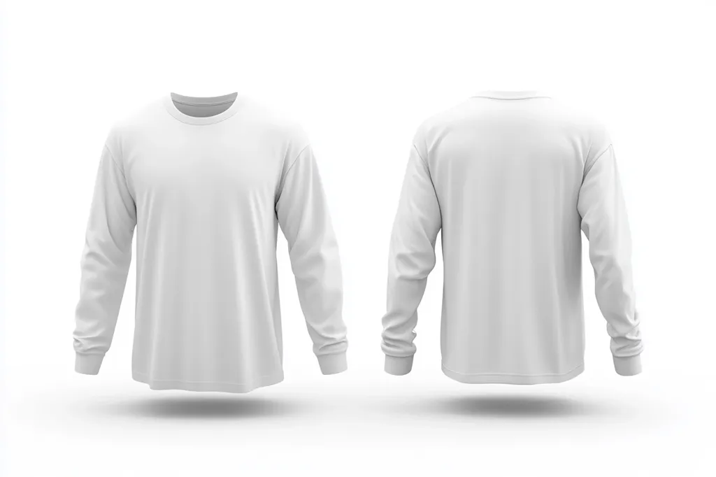 A plain white long-sleeved shirt is shown from the front and back.  The shirt is a crew neck style, appearing to be made of a soft, comfortable material.  The image is set against a clean white background, highlighting the shirt's simple design and emphasizing its blank, customizable nature.  It's perfect for showcasing apparel designs or branding.