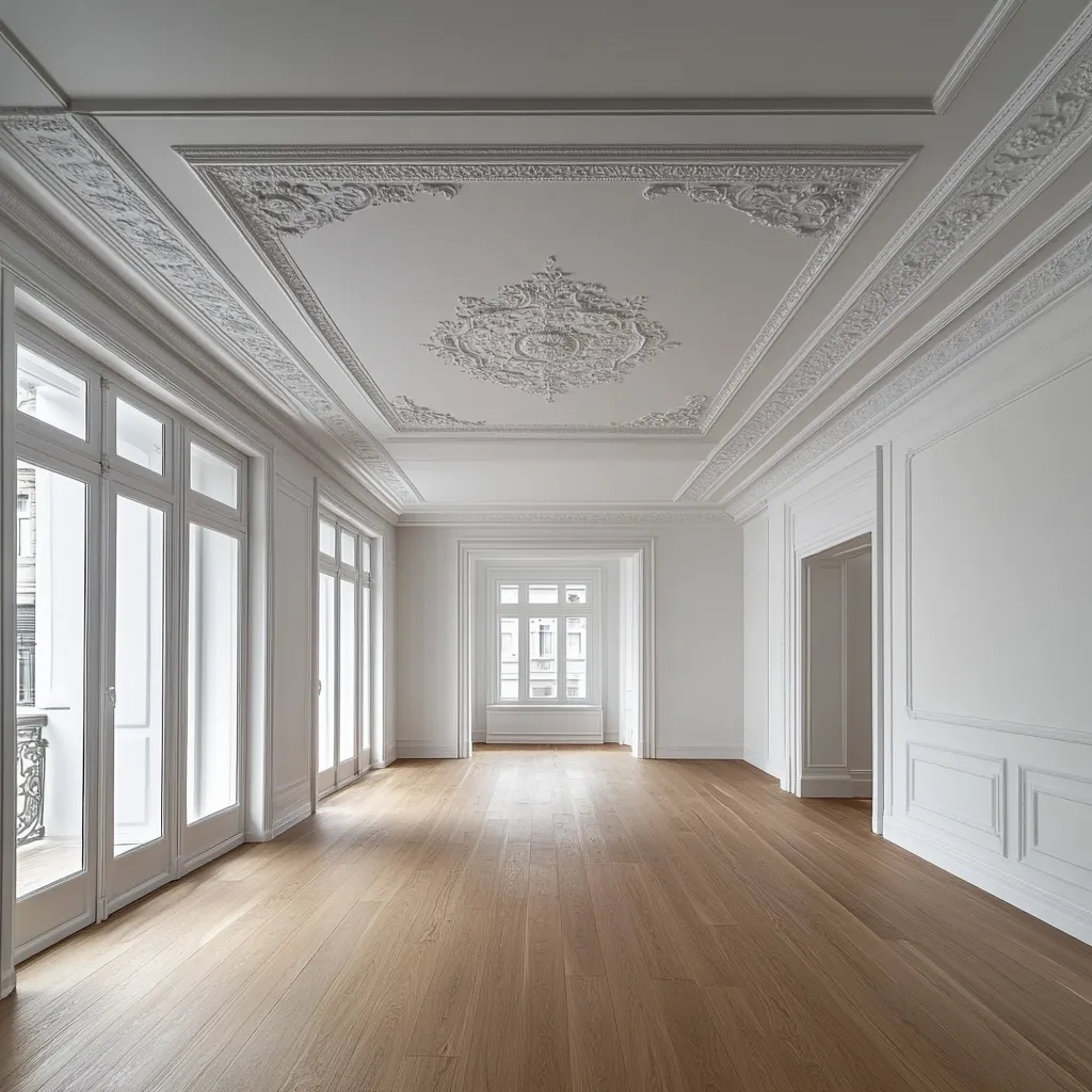 A spacious, empty room boasts an ornate, white ceiling with intricate plasterwork.  Large windows flood the room with natural light, highlighting the light oak hardwood floors and crisp white walls.  Classic architectural details, including paneling and tall, French doors, create an elegant, yet minimalist atmosphere. The room is unfurnished, showcasing its architectural beauty.