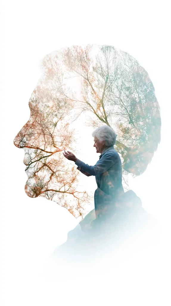 A double exposure image shows an elderly woman reaching out towards a translucent, superimposed image of a person's face and bare autumn trees.  The woman is dressed in a blue jacket, and the overall effect creates a serene and contemplative mood, suggesting themes of aging, nature, and memory.  The image is softly lit and ethereal in its presentation.