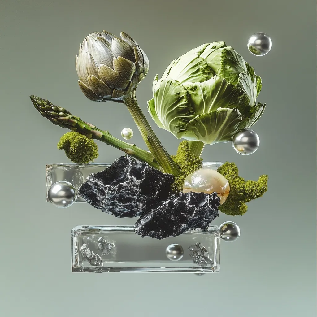 A stylized still life featuring an artichoke, cabbage, and asparagus arranged with dark rocks and moss.  Silver and pearl-like spheres float around the composition, which is seemingly suspended within two clear rectangular blocks. The overall aesthetic is surreal and elegant, blending organic elements with abstract forms.  The muted green background complements the fresh vegetables.