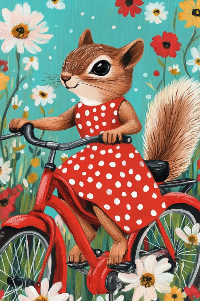 A charming illustration depicts a squirrel in a red polka-dot dress riding a red bicycle through a vibrant field of wildflowers. The squirrel's expressive eyes and joyful posture convey a sense of carefree adventure.  The artist's use of bright colors and whimsical details creates a delightful and cheerful scene, perfect for a children's book or print.