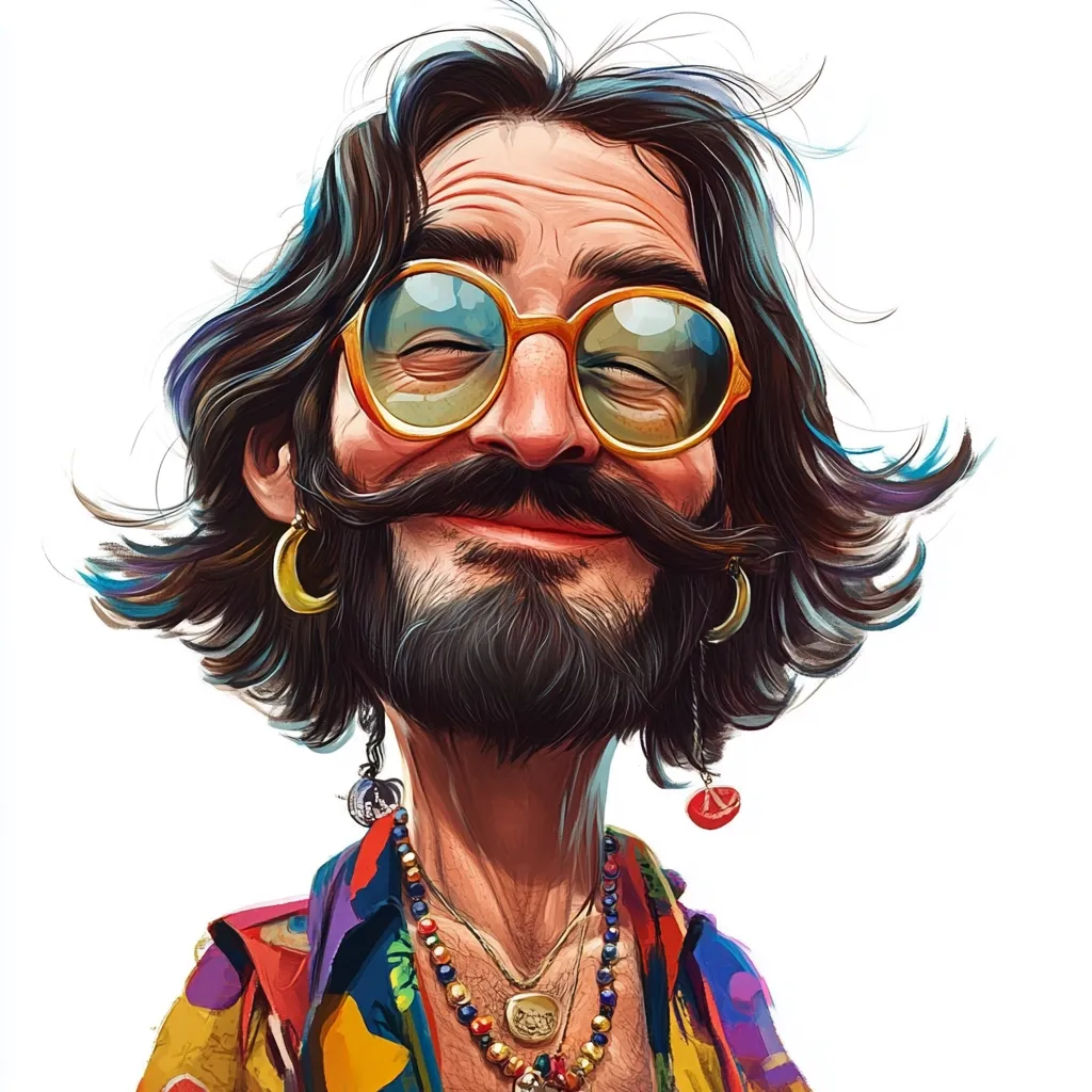 A stylized caricature of a smiling man with long dark hair, round glasses, a handlebar mustache, and gold hoop earrings. He wears a vibrant, colorful shirt adorned with various patterns and necklaces, evoking a bohemian or hippie aesthetic. The artwork is digitally painted with a focus on expressive features and bold colors.  His eyes are closed, suggesting contentment or peace.