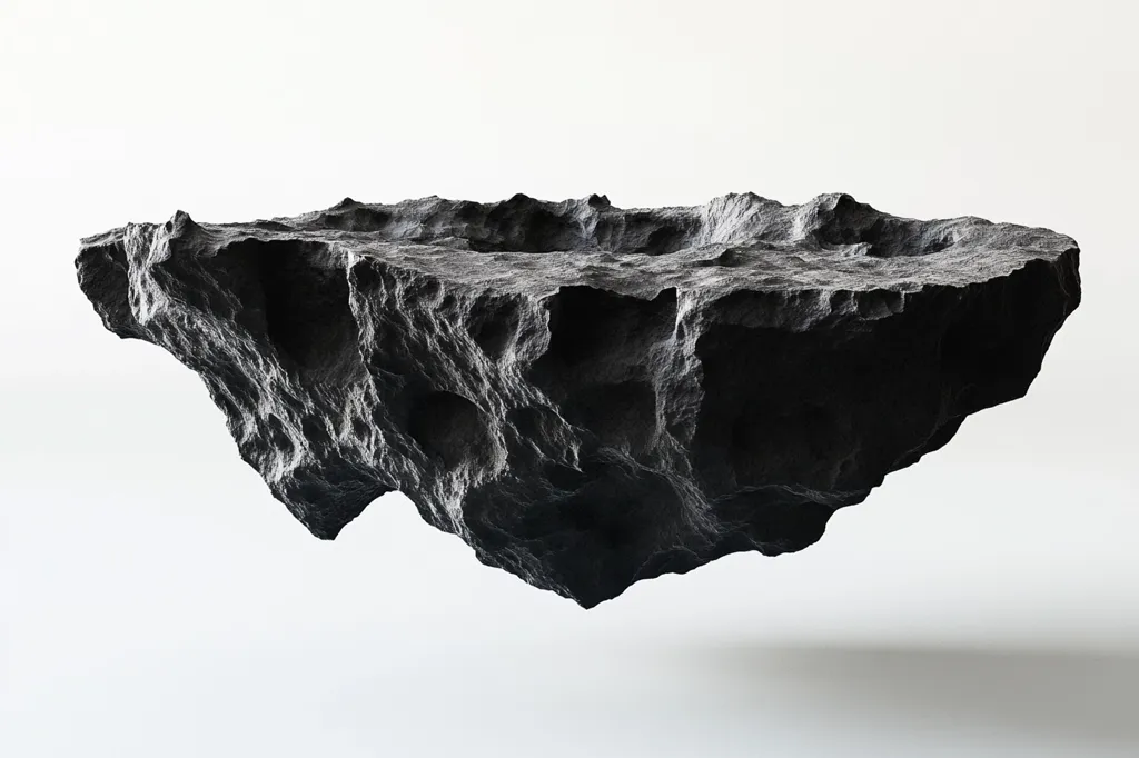 A dark, rough-textured,  irregularly shaped rock formation floats in mid-air against a stark white background.  The rock resembles a small, isolated island or asteroid, its surface exhibiting a variety of crevices and textures. The image is minimalist and creates a surreal, almost otherworldly atmosphere.
