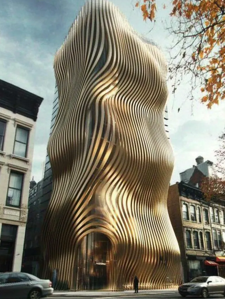 A striking, modern building with a flowing, wave-like gold facade dominates the cityscape. Its unique design contrasts sharply with the traditional brick buildings flanking it. The building's curves and metallic sheen create a visually captivating spectacle, hinting at a luxurious interior.  Cars and pedestrians add a sense of scale to the architectural marvel.  The autumnal trees in the background enhance the image's overall aesthetic.