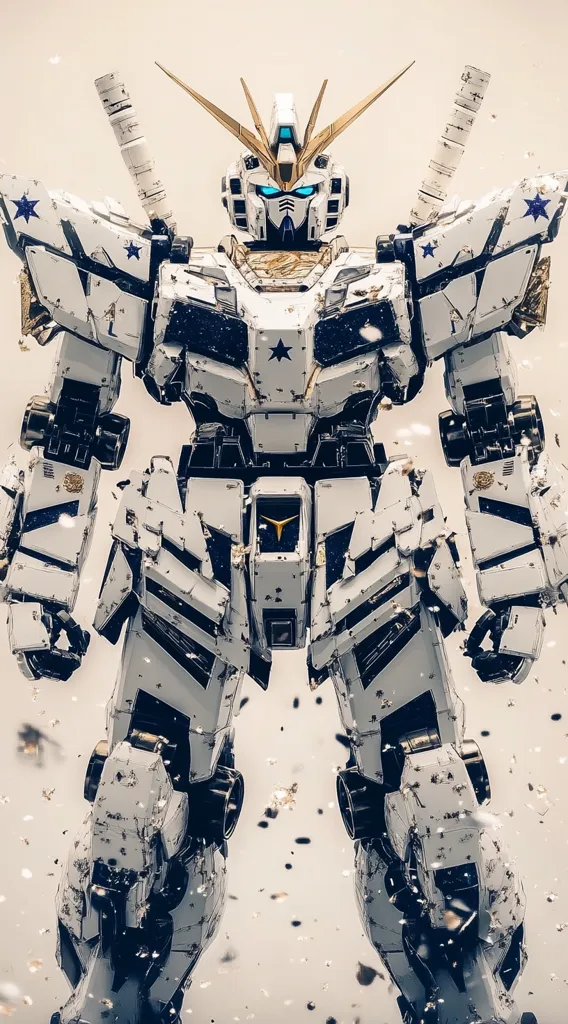 A weathered white and gold mecha, possibly a Gundam, stands amidst a flurry of debris.  Its design incorporates stars and features two katana-like weapons sheathed on its back. The robot's intricate detailing and battle-worn appearance suggest a powerful and experienced warrior. The background is a muted off-white, emphasizing the mecha's imposing presence.