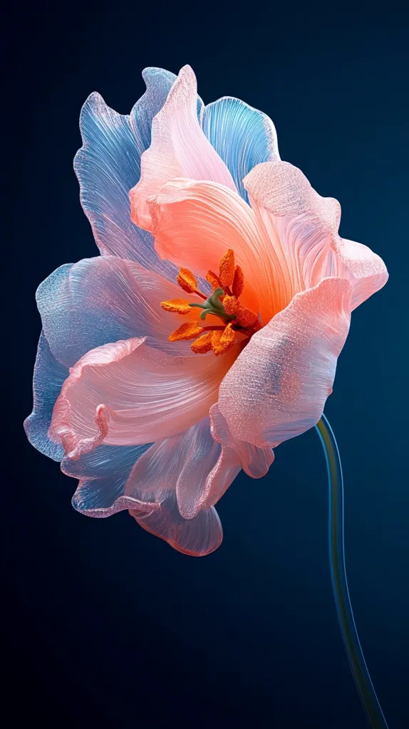 A delicate, translucent flower, possibly a digitally rendered poppy or tulip, blossoms against a deep blue backdrop.  Its petals are a soft blend of peach and light blue, appearing almost ethereal. The flower's vibrant orange stamen contrasts beautifully with its pale petals.  The stem is slender and elegant, extending towards the bottom of the frame. The overall image conveys a sense of serenity and delicate beauty.