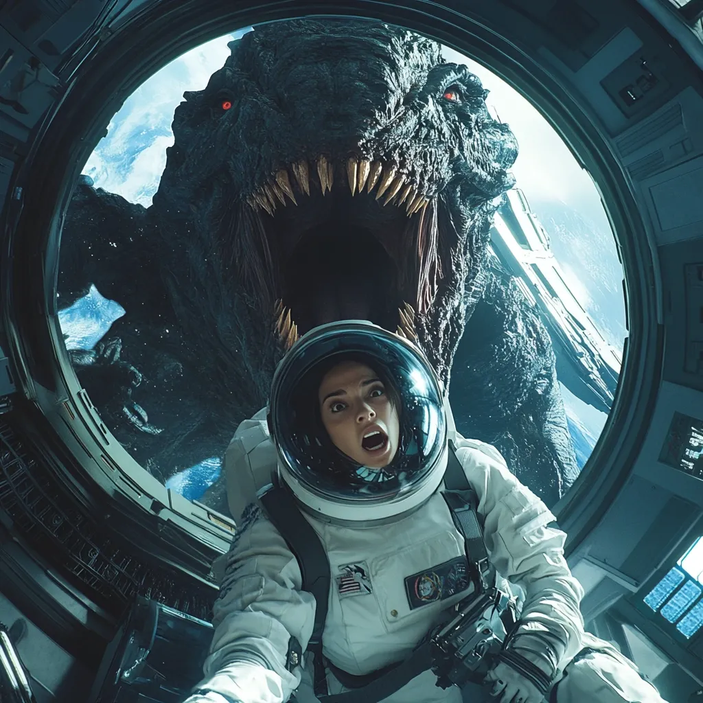 A terrified astronaut, in a spacesuit, stares in horror at a massive, gaping-mouthed dinosaur looming outside a spaceship viewport. The dinosaur's red eyes are visible, adding to the menacing scene. The astronaut's expression of fear and the immense size of the creature create a sense of impending danger and intense suspense.  The setting appears to be space, with a planet visible in the background.
