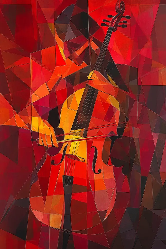 A vibrant abstract painting depicts a cellist playing their instrument.  The artwork is rendered in a cubist style, using bold geometric shapes and a fiery palette of reds and oranges.  The cellist and cello are rendered as interlocking polygons, creating a dynamic and energetic composition. The dark background contrasts with the bright instrument, drawing focus to the musician and the music.