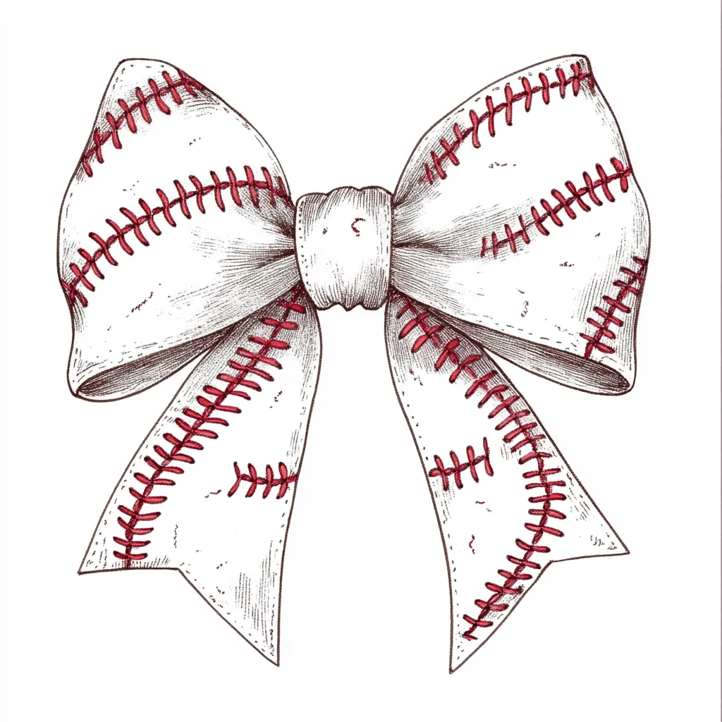 A hand-drawn illustration depicts a large bow designed to resemble a baseball. The white bow features red stitching that mimics the baseball's seams.  The drawing style is detailed, with shading and texture suggesting a realistic fabric appearance. The bow is presented in isolation against a white background.