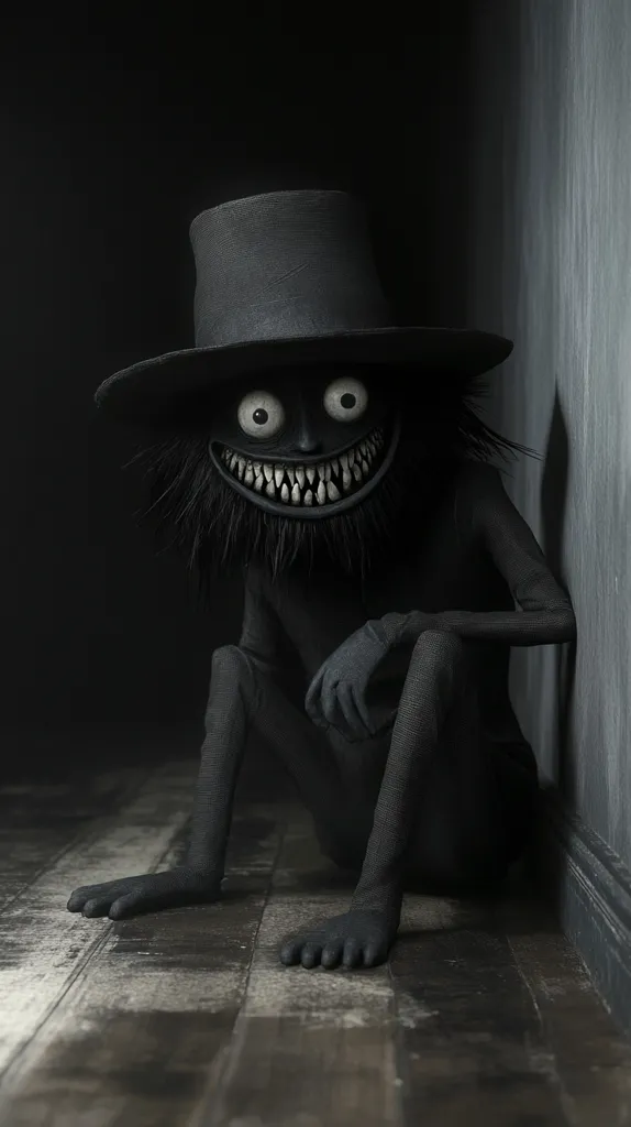 A darkly humorous, unsettling image depicts a creature resembling a slender man, clad in black with oversized white eyes and a wide, toothy grin. It sits hunched in a shadowy corner, wearing a top hat. The creature’s texture appears coarse and slightly hairy. The overall mood is eerie and slightly comical, contrasting the unsettling features with the creature's posture and setting. The monochromatic palette emphasizes the dark ambiance.