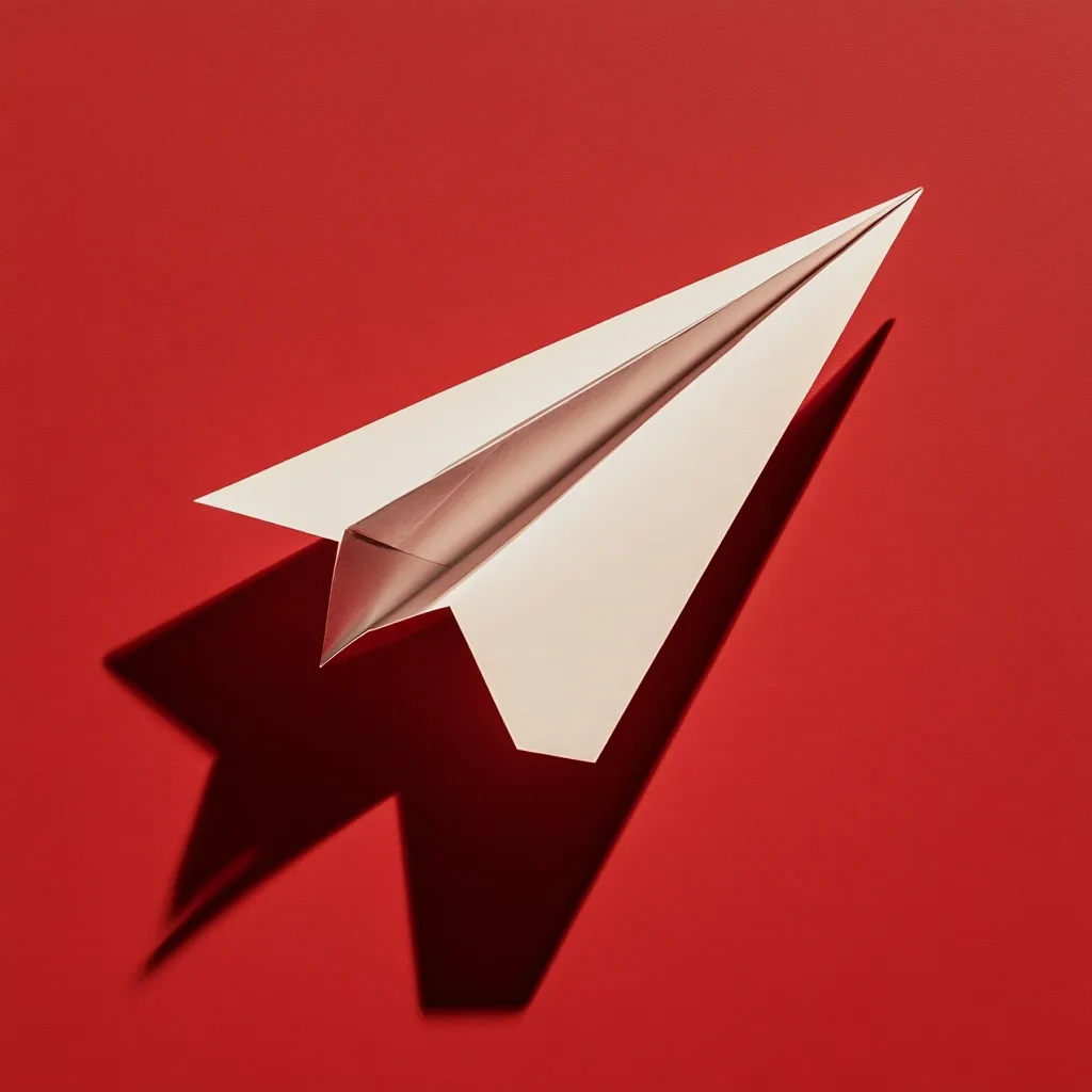 A white paper airplane casts a dramatic shadow on a vibrant red background.  The simple, clean lines of the origami plane contrast sharply with the bold color, creating a visually striking image. The airplane's pointed nose and outstretched wings suggest motion and aspiration.  The strong shadow adds depth and emphasizes the plane's form.