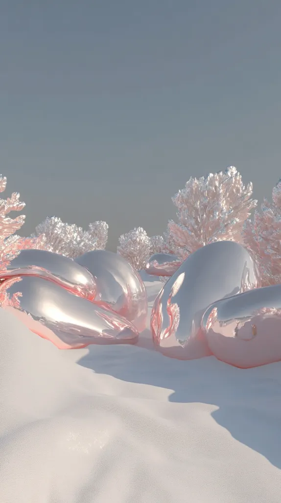 A surreal landscape features smooth, metallic, rose-gold forms resembling abstract sculptures nestled amongst delicate, frost-covered trees.  The scene is bathed in soft light against a pale sky, with the ground appearing as a soft, white expanse of snow or sand. The overall aesthetic is dreamlike and otherworldly.