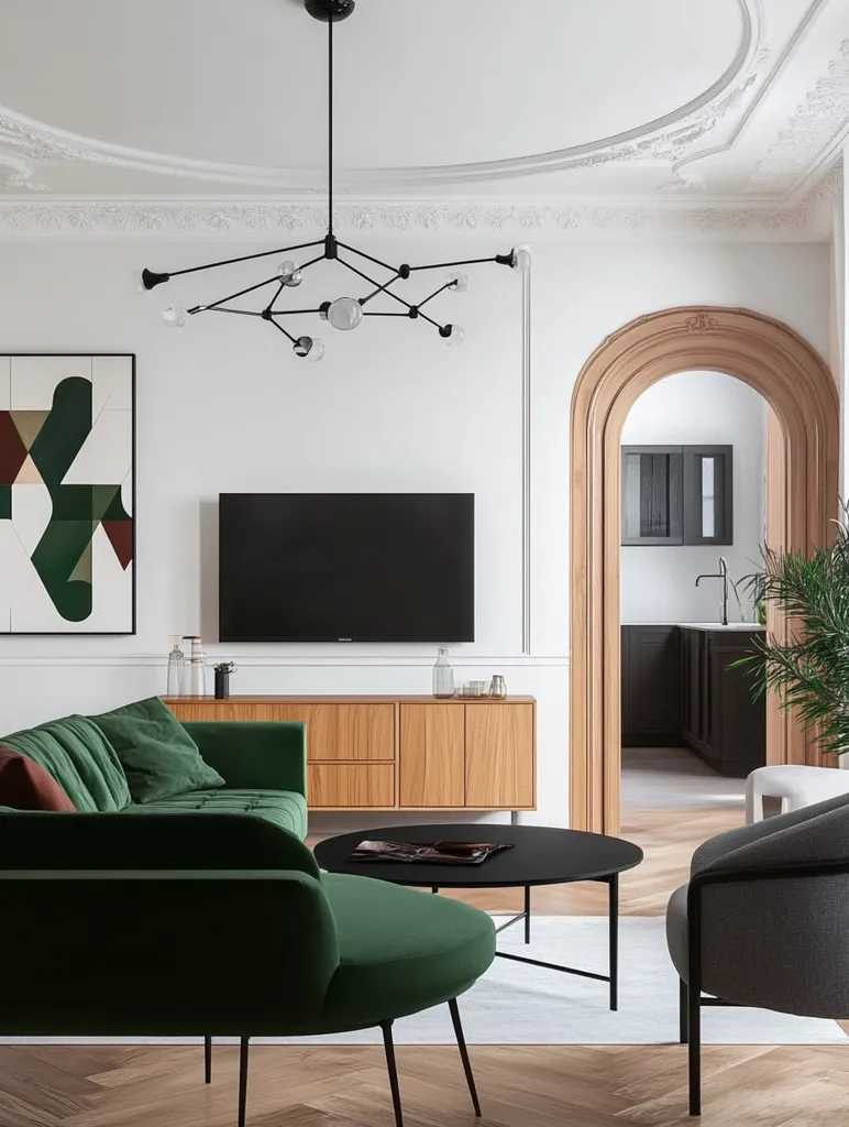 A modern living room features a deep green velvet sectional sofa, a sleek black coffee table, and a light wood media console.  A stylish black branched chandelier hangs above.  The room has an arched doorway leading to a kitchen, and the walls are adorned with minimalist artwork.  The herringbone wood floor complements the sophisticated design. A gray accent chair sits near the doorway.