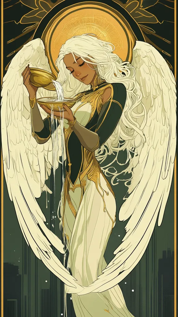 An angelic figure, adorned in a flowing white and gold gown, with large, feathered wings, pours water from a golden vessel.  Her long, white hair cascades down her back, framing a serene face.  The art style is reminiscent of Art Nouveau, with a muted color palette of golds, creams, and deep greens, creating a calm and ethereal atmosphere.  The background subtly suggests a cityscape.